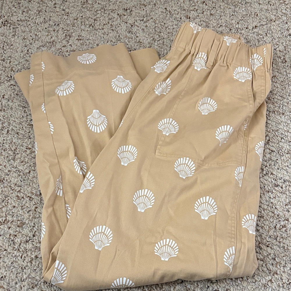 J. Crew Tan Pants with White Shell Print